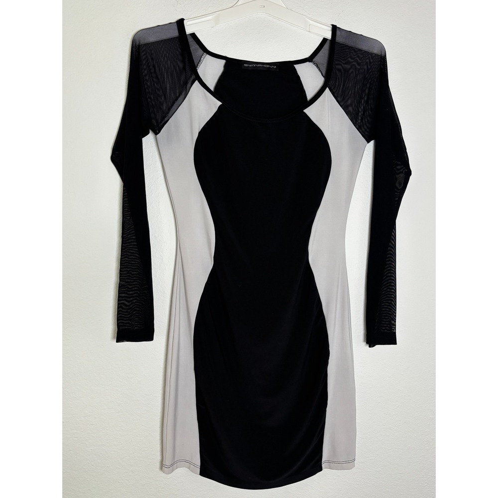 Symphony Black White Colorblock Bodycon Mini Dress Sheer Mesh Long Sleeve Small